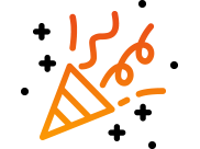Icon of celebration emoji in orange outline.