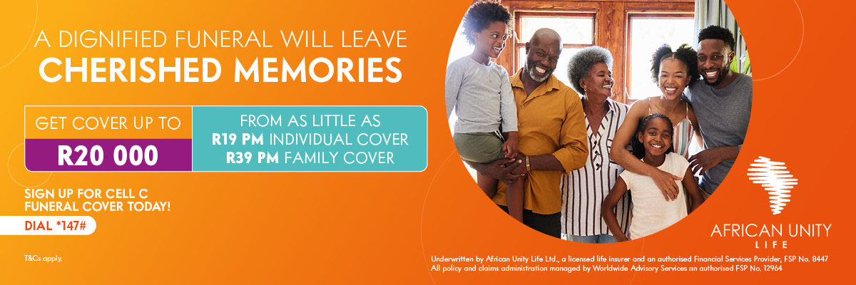 Banner advertising funeral cover to give your family peace of mind. Image of smiling family.