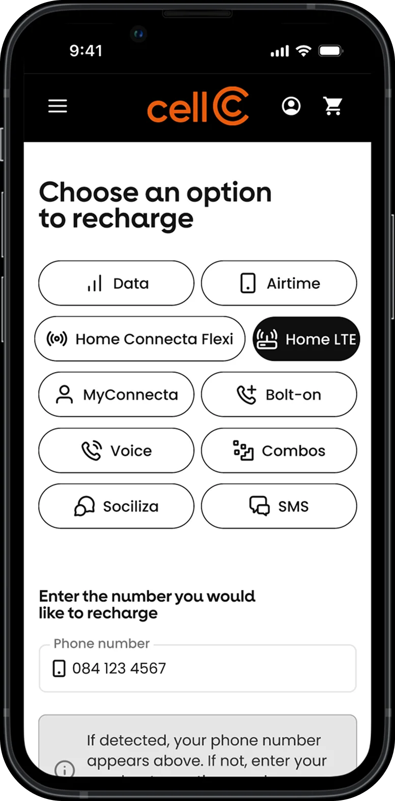 Cell C recharge screen showing Home LTE and data bundle options on mobile app