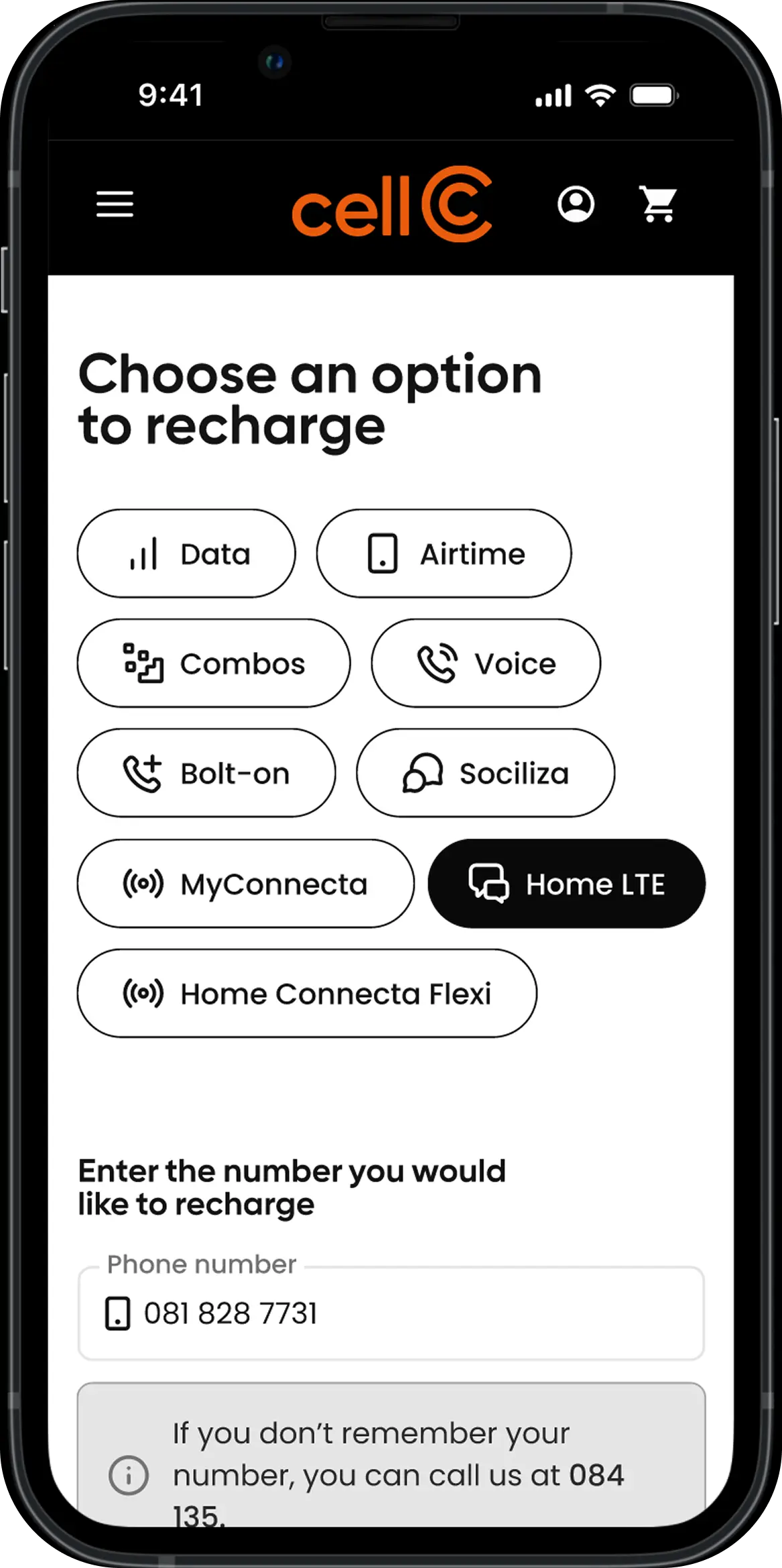 Cell C recharge screen showing Home LTE and data bundle options on mobile app