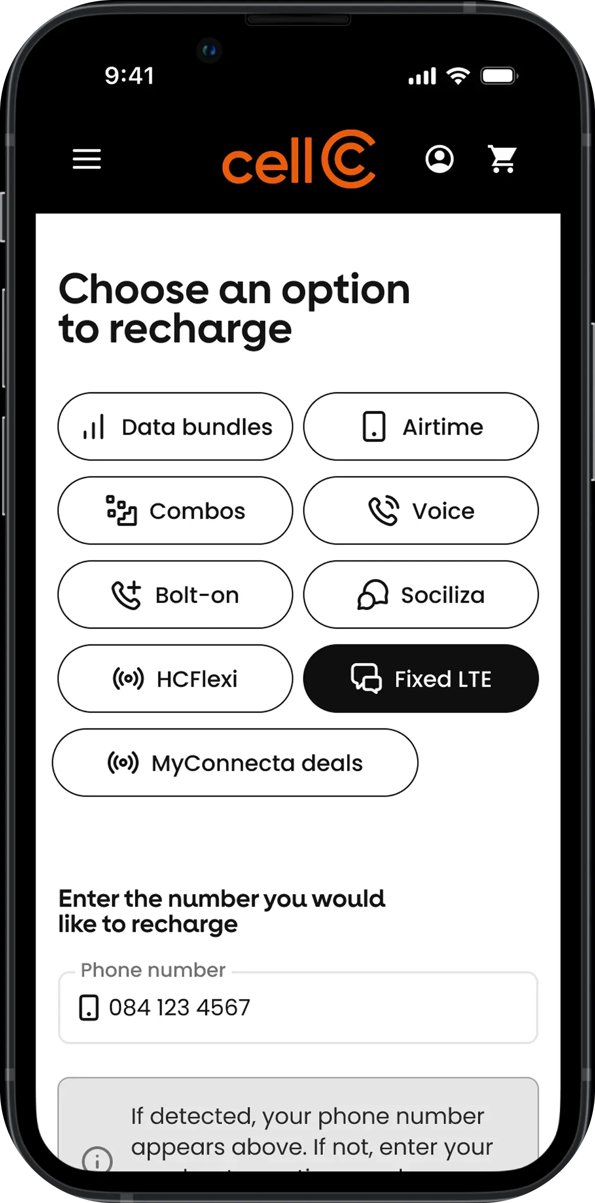 Cell C recharge screen showing Home LTE and data bundle options on mobile app