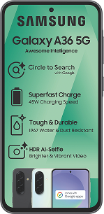 Samsung Galaxy A36 smartphone in black color available at Cell C