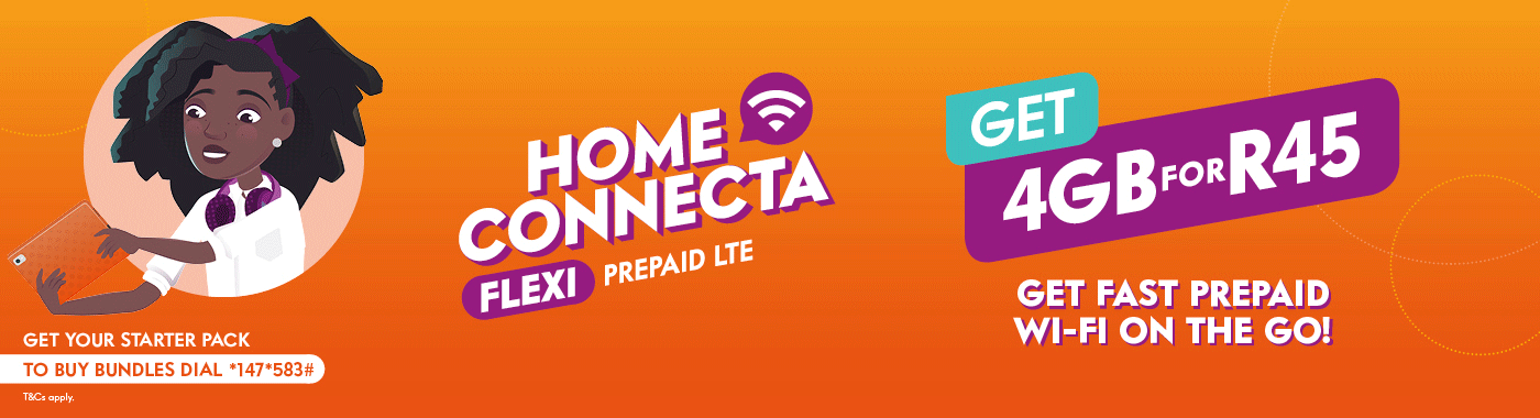 Banner for Home Connecta Flexi Prepaid LTE. Illustration of young woman with headphones.